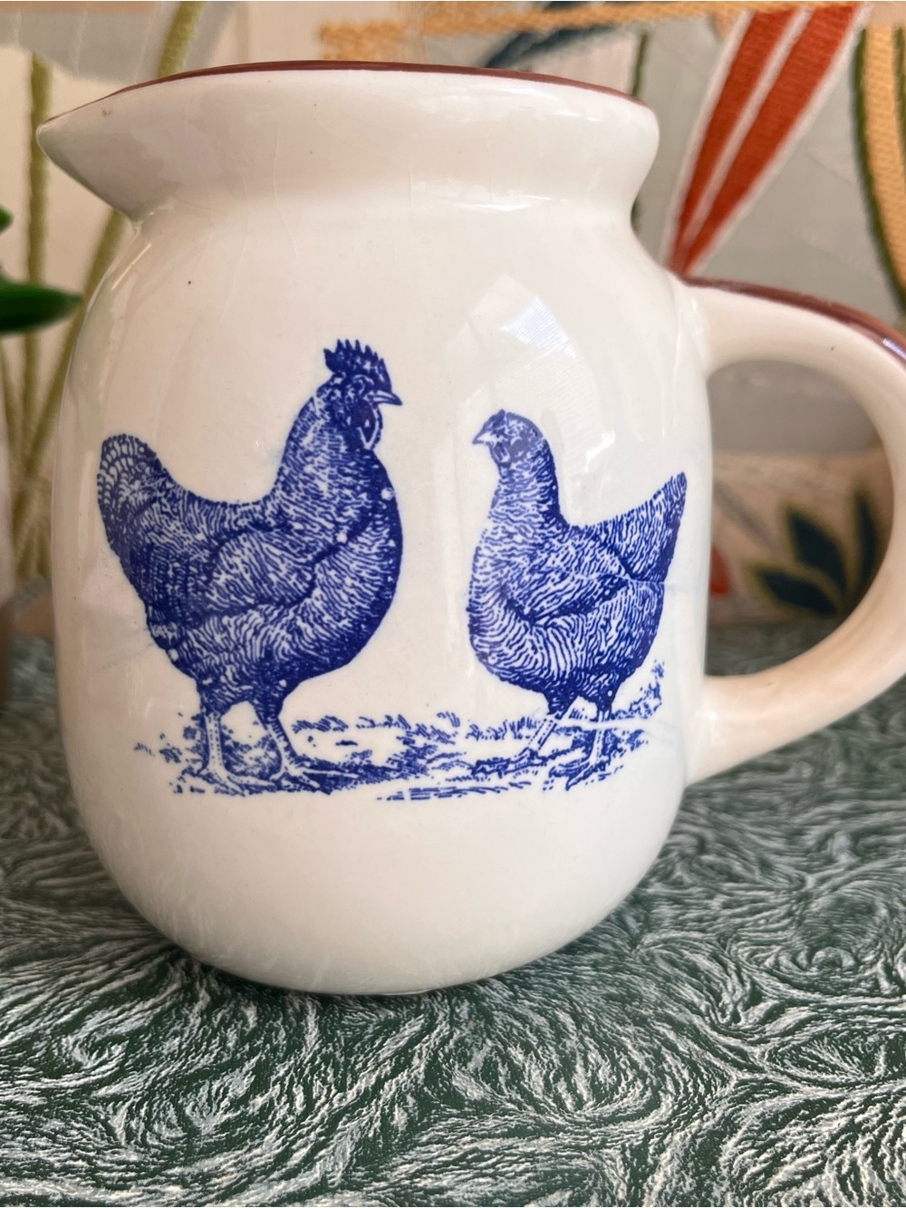 Vintage Blue Rooster & Hen Country Farmhouse Rustic small pitcher Creamer jug